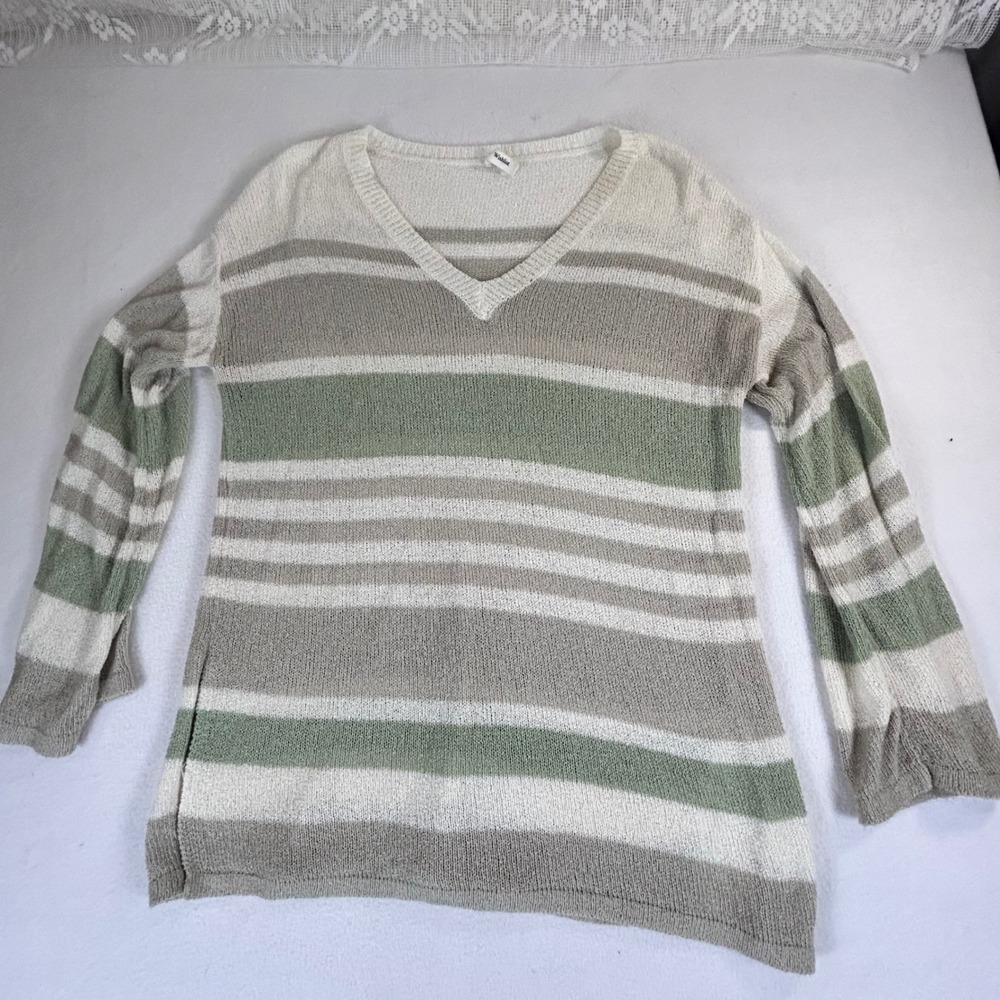 Wishlist Womens Striped V-Neck Lightweight Knit Sweater Green Taupe WL20-4648 SM